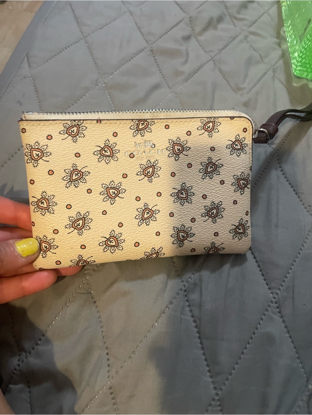 Coach Cream Floral Sunburst Zip Wristlet with Brown Strap